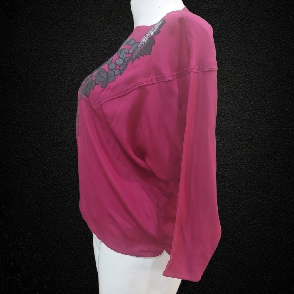 Mercedes & Adrienne VTG Wine/Black Leather Appliqué Top Blouse with 3/4 Sleeves - Picture 5 of 10